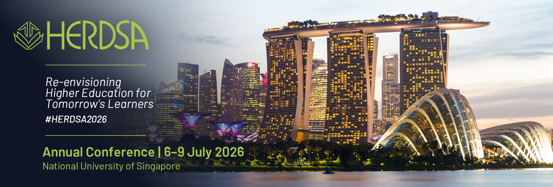 HERDSA 2026: Konferenzmotiv mit der Skyline von Singapur.